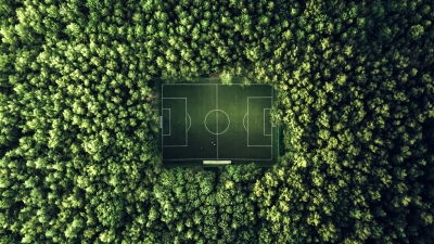 Soccer field, Aerial view, Green aesthetic, Green Forest, Stadium, Wilderness, Minimalist, Symmetry, Drone photo, 5K