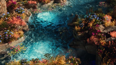 Paradise, Water Stream, Vibrant, Flora, Exotic, Dreamlike, Ethereal, Surreal, 5K, Clear water