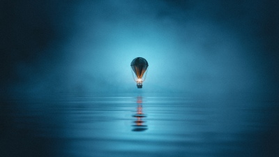 Hot air balloon, Foggy night, Misty, Reflections, Serene, Aesthetic, Minimalist, Atmospheric, 5K