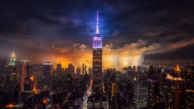 Empire State Building, Fireworks, New York City, Night City, Skyscrapers, Metropolitan, Iconic, Cityscape, City lights, 5K, 8K