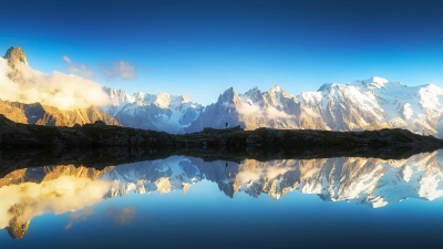 Mont Blanc massif, Alps mountains, 5K, Reflections, Snow mountains, Snow covered, Blue Sky, Wilderness, Serene, Scenic, Blue aesthetic