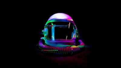 Astronaut helmet, Glitch art, Cyberpunk, Distortion, Futuristic, Holographic, Dark aesthetic, Dark background, 5K, 8K