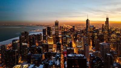 Chicago, Downtown, Sunset, Skyline, Cityscape, Dusk, Skyscrapers, City night, Metropolitan, Aerial Photography, Urban, 5K