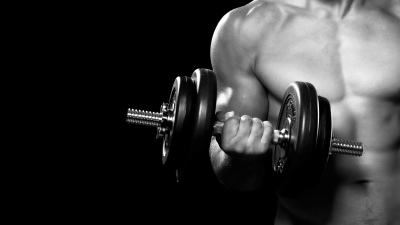 Gym, Dumbbell workout, Weightlifting, Strength, Fitness, Black and White, Monochrome, Black background, 5K