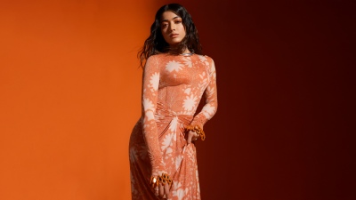Rashmika Mandanna, Orange aesthetic, Indian actress, Orange background