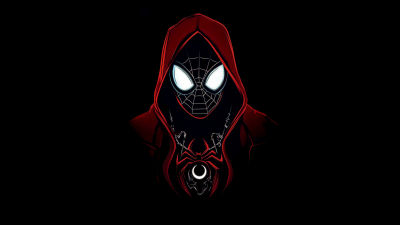 Miles Morales, Red Hoodie, Spider-Verse, Neon, Dark aesthetic, 5K, Black background, AMOLED