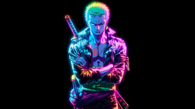 Roronoa Zoro, Neon glow, One Piece, Black background, AMOLED, 5K, Neon art