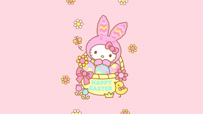 Hello Kitty, Easter bunny, Happy Easter, Pink background, 5K