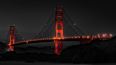 Golden Gate Bridge, Night, Monochrome, Dark background, Illuminated, San Francisco, Dark aesthetic