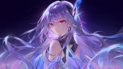 Genshin Impact, Skirk, Anime girl, Purple hair, Purple eyes, Stars, Ethereal