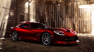 Dodge Viper SRT GTS, 5K, Sports car, Red cars, Barn, Sunlight
