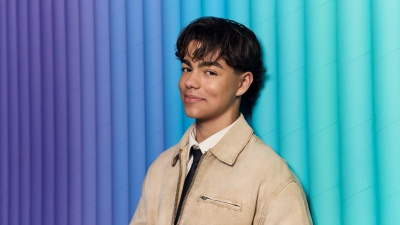 Malachi Barton, 5K, Portrait, Smiling, Gradient stripes, Purple and blue, Vibrant, American actor