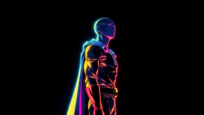 Saitama, Neon, One Punch Man, 5K, AMOLED, Black background