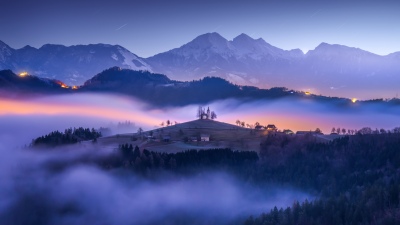 Slovenia, Hilltop, Foggy night, Landscape, Mountains, Church, Twilight, Star Trails, Mystical