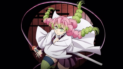 Mitsuri Kanroji - Infinity Castle, 5K, Anime movie, Demon Slayer: Kimetsu No Yaiba Infinity Castle, Black background, Mitsuri Kanroji