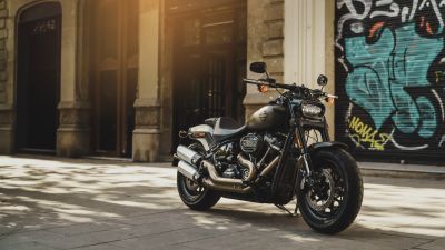 Harley-Davidson Fat Bob, Grey Motorcycle, Sun light, Day time, 5K, 8K