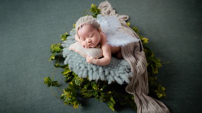 Newborn Baby, Baby girl, Angel, Green leaves, Sleeping baby, Portrait, Cute Baby, Photoshoot, 5K