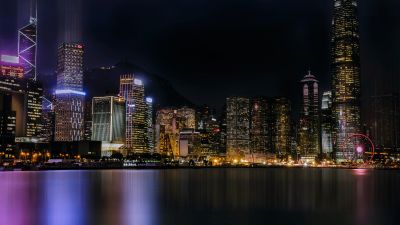 Hong Kong City, 5K, Cityscape, Architecture, Skyscrapers, Nightlife, Ferris wheel, Lights, River, Reflection