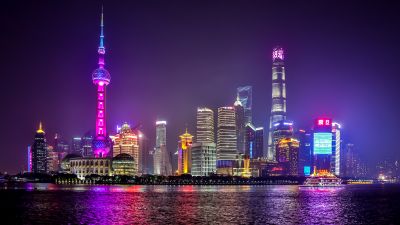 Shanghai City, Body of Water, Reflection, Skyscrapers, Night life, Cityscape, Lights, Architecture, 5K