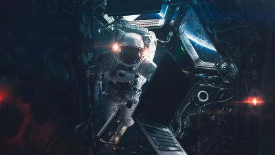 Astronaut, Space station, Laptop, Sci-Fi, Space suit, Lights
