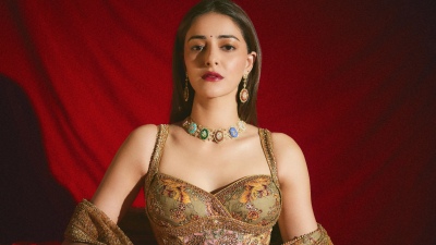 Ananya Panday, Traditional, Indian actress, Red background, 5K