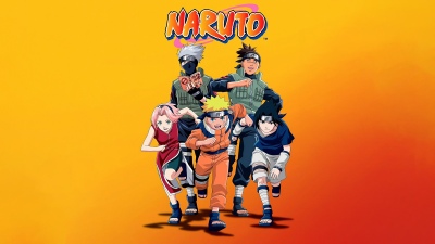 Naruto Team 7, Anime poster, 5K, Naruto Uzumaki, Sasuke Uchiha, Sakura Haruno, Kakashi Hatake, Orange background
