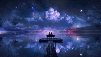 Romantic, Night sky, Lake, Reflections, Wooden pier, Couple, Moon, Women, Valentine, 5K, Dark Mode, Dreamlike, Surrealism