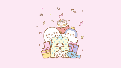 Marumofubiyori (Moppu), Sanrio, Birthday decoration, Kawaii cartoon, Pastel background, Pastel pink, 5K, Birthday party, Confetti