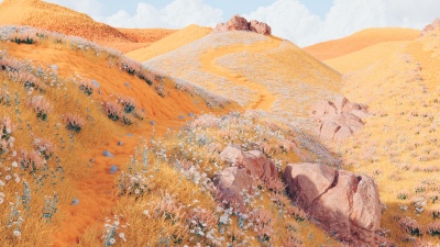 Golden fields, Dreamy, Rolling hills, Digital art, Yellow aesthetic, Surreal landscape, Microsoft Design