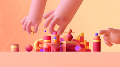 Giant hands, Building blocks, Stack, Toys, Geometric, Peach background, Warm, Miniature, 3D Render, Microsoft Design