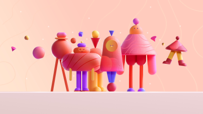 Geometric, Characters, Shapes, Coral, Pastel background, Whimsical, 3D Render, Toys, Microsoft Design