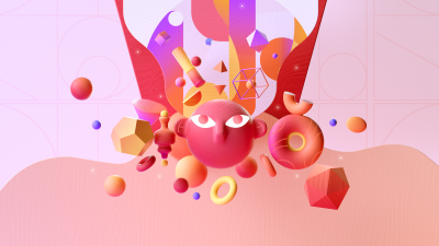 Geometric, Explosion, Floating objects, Hot pink, Vibrant, Dynamic, Pop Art, Coral, Bold, Microsoft Design