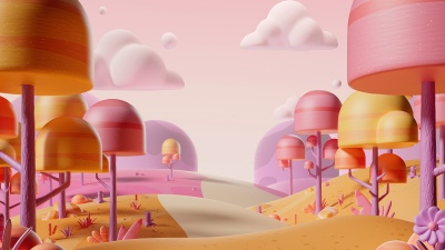 Geometric, Forest, Candy, Cheerful, Pastel colors, Cartoon, 3D Render, Whimsical, Orange aesthetic, 5K