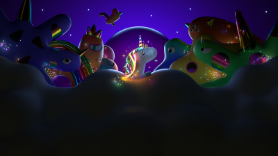 Unicorn, Rainbow mane, Monsters, Magical, Night, Clouds, Dark aesthetic, Dark blue, Kawaii, 3D Render, Neon art