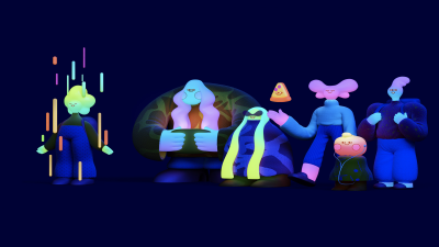 Neon glow, Cute cartoon, 3D Render, Navy blue background, Whimsical, Dark Mode, Microsoft Design