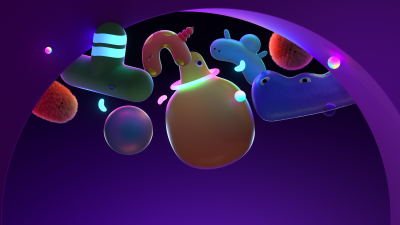 Neon glow, Fuzzy Monsters, Playful, Purple aesthetic, Whimsical, Kawaii, Vibrant, Neon colors, Microsoft Design