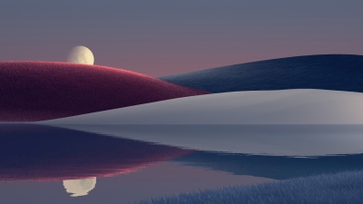 Moonrise, Rolling hills, Surreal landscape, Lake reflection, Digital Art, Dreamlike, Dusk, Twilight, Aesthetic, 5K