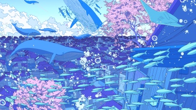 Surreal, Underwater city, Whale, Fishes, Cherry blossom, Anime girl, 5K, Japanese girl, Aesthetic
