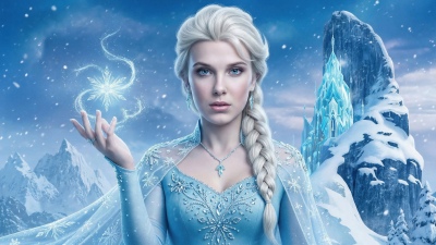 Millie Bobby Brown, Elsa, Blonde, Snow queen, AI art, Disney Princess, Frozen, 5K