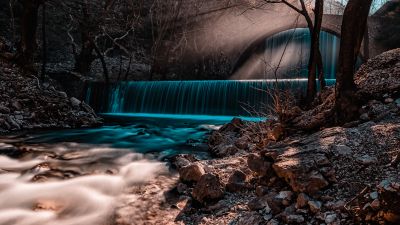 Waterfall, Long exposure, Forest, Autumn, Fall, Sun rays, 5K, Brown aesthetic