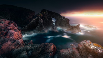 Stac a Phris Arch, Scotland, Long exposure, Sunset, Coastline, Rocky coast, Ocean, Isle of Lewis, Rock formations, Seascape, 5K