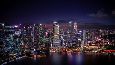 Singapore City, Cityscape, Modern architecture, Skyscrapers, Nightlife, City lights, Waterfront, Reflection, 5K