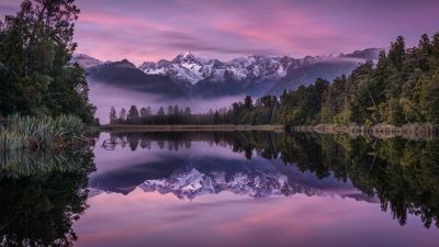 Lake Matheson, Aesthetic, New Zealand, Landscape, Mountains, Lake, Water, Winter, Reflection, Glacier, Trees, Purple sky