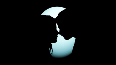 Couple, Silhouette, Together, Romantic, Moon, Black background, 5K