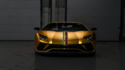 Lamborghini Aventador, Sports cars, Golden yellow, Dark background, 5K, 8K