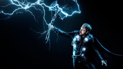Thor, Stormbreaker, God of Thunder, Dark background, Marvel Superheroes