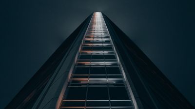 High rise building, Low Angle Photography, Look up, Dark background, Geometrical, Symmetry, 5K