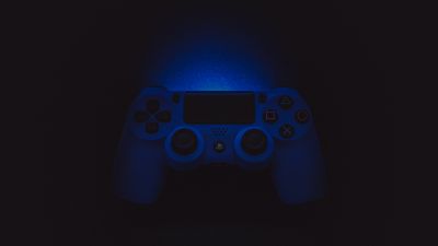 Sony DualShock 4, Black background, PlayStation 4 Controller, Gamepad, PS4, Game Controller, Blue light, 5K