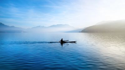 Annecy feeds, Kayak, France, Lake, Glider, Sailor, River, Waterfront, Mountains, Landscape, Foggy, Blue Sky, 5K
