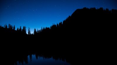 Snow Lake Trail, Washington, United States, Silhouette, Blue Sky, Stars, Body of Water, Reflection, Trees, Dark background